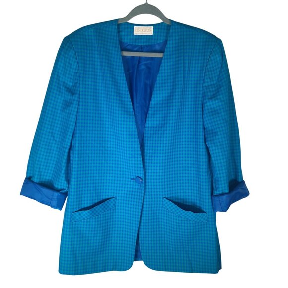 Vintage Pendleton Turquoise Blue Houndstooth Single Button Blazer - Picture 2 of 13